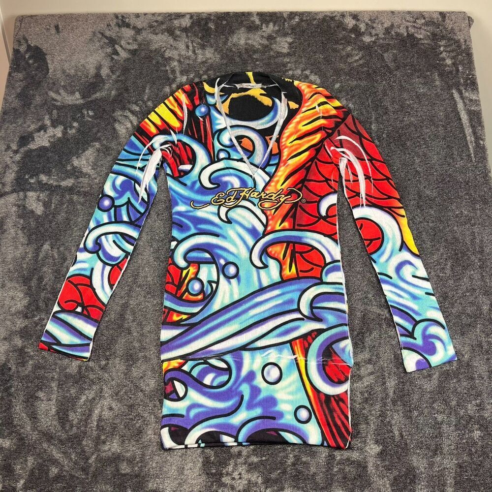 Vtg Ed Hardy Knitted Sweater Dress Long Sleeve AOP Fish Spellout Colorful L USA